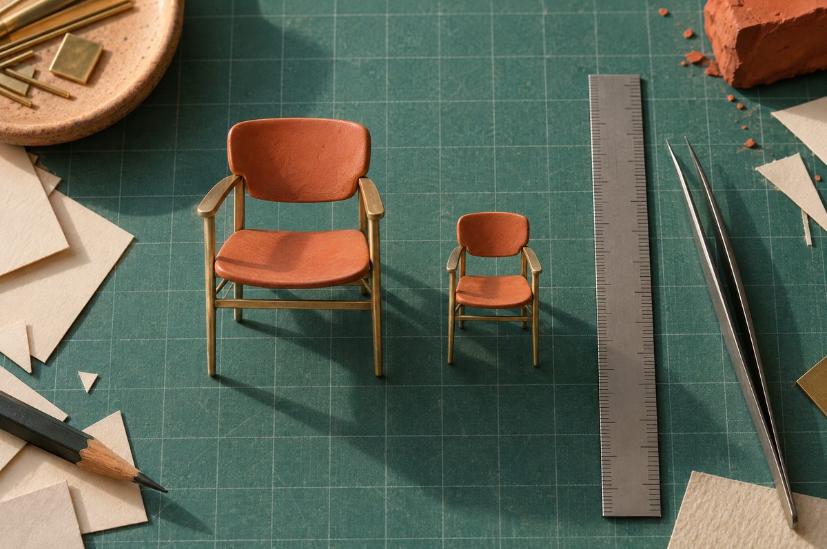 Two miniature chairs at two sizes on a green cutting mat beside a steel ruler and tweezers