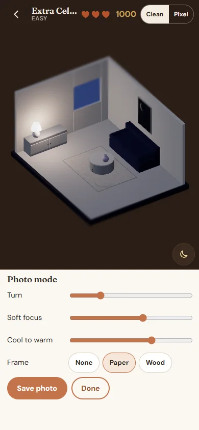 Photo mode with sliders for turn, soft focus and warmth, and frame choices