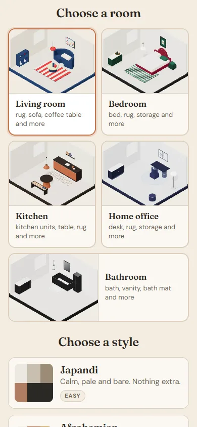 The room chooser with five rooms, above the style cards