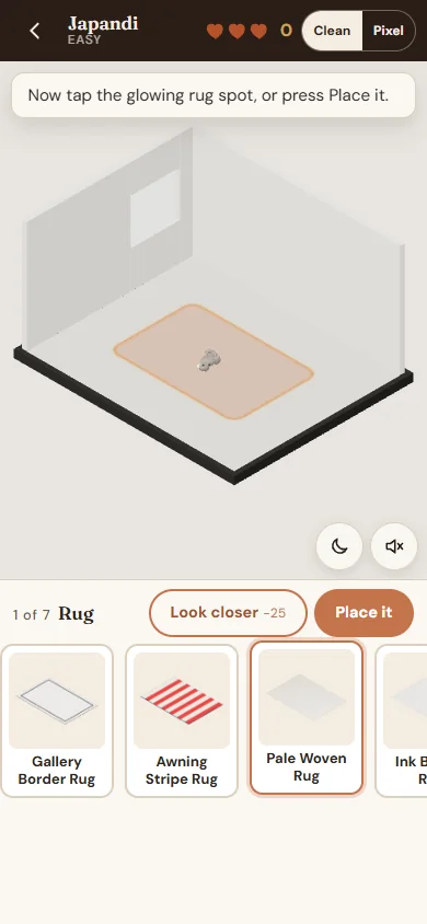 A rug card is selected and a Place it button appears